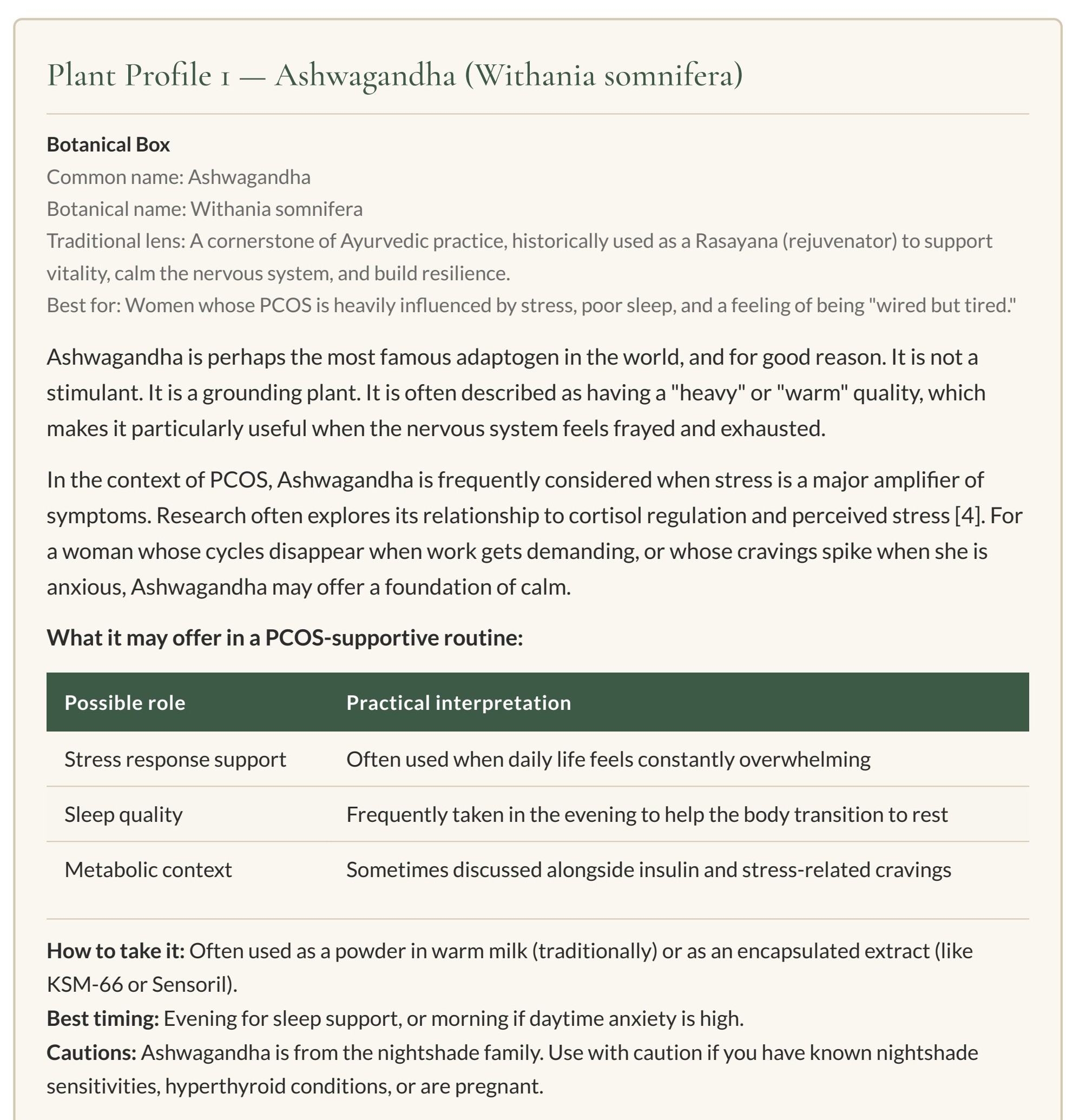 Preview page: A plant profile (Ashwagandha). From The PCOS Natural Reset guide.