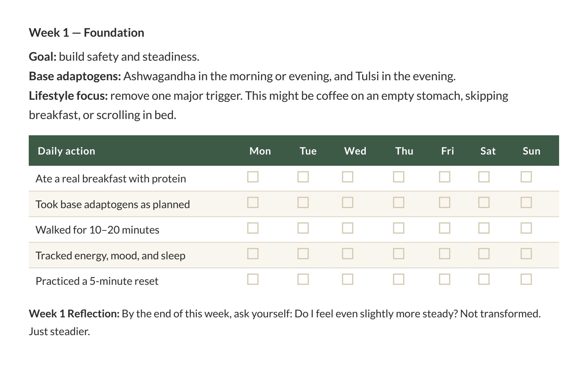 Preview page: Week 1 of the 30-day protocol. From The PCOS Natural Reset guide.