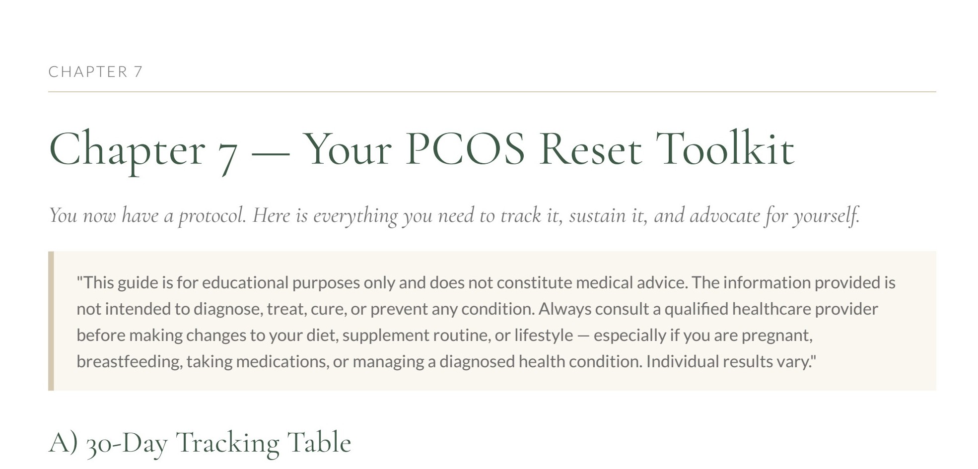 Preview page: The 30-day tracking toolkit. From The PCOS Natural Reset guide.